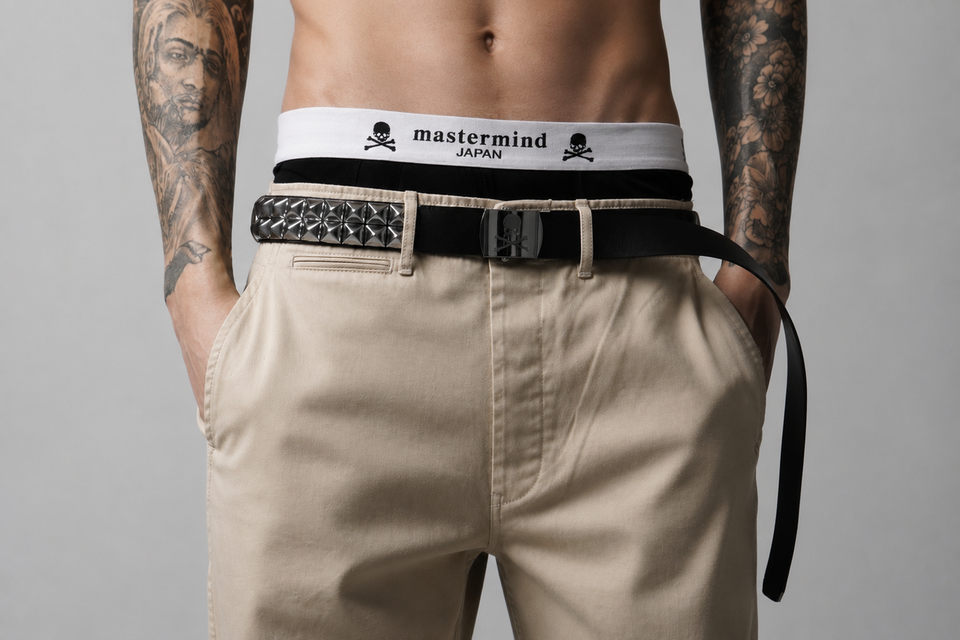 Load image into Gallery viewer, MASTERMIND WORLD DOUBLE-STUD LEATHER BELT 