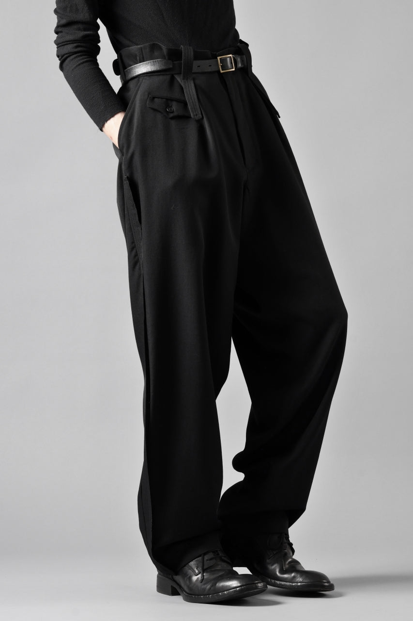 Y's for men WITH DECORATIVE CLOTH TAPERED PANTS / WRINKLE WOOL GABARDINE (BLACK)