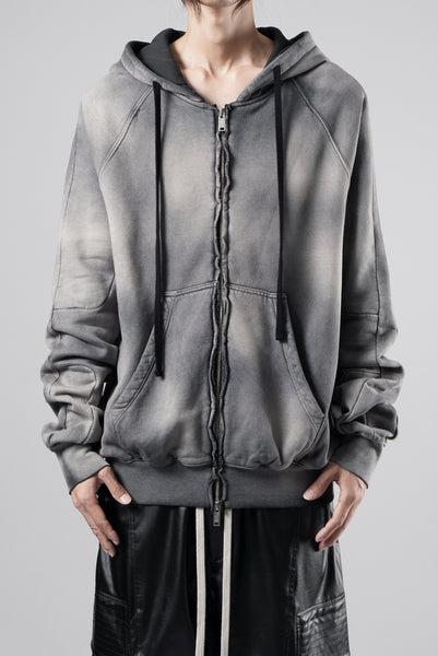 thom/krom RAGLAN SLEEVE ZIP UP HOODIE / SOFT COTTON SWEAT (GREY STONE WASH SPRAY)