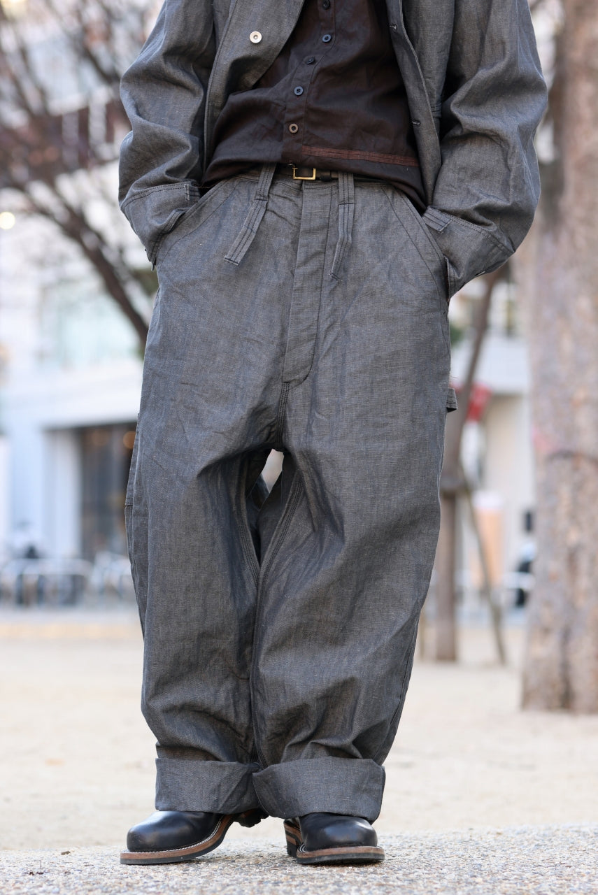 KLASICA "ROCKWELL" LOW CLOTCH APRON WORKER PANTS / 9.7oz COTTON x LINEN CHAMBRAY (GRAY DENIM)