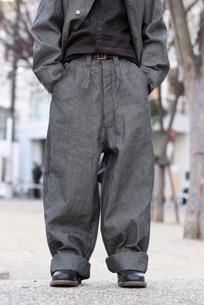 KLASICA "ROCKWELL" LOW CLOTCH APRON WORKER PANTS / 9.7oz COTTON x LINEN CHAMBRAY (GRAY DENIM)