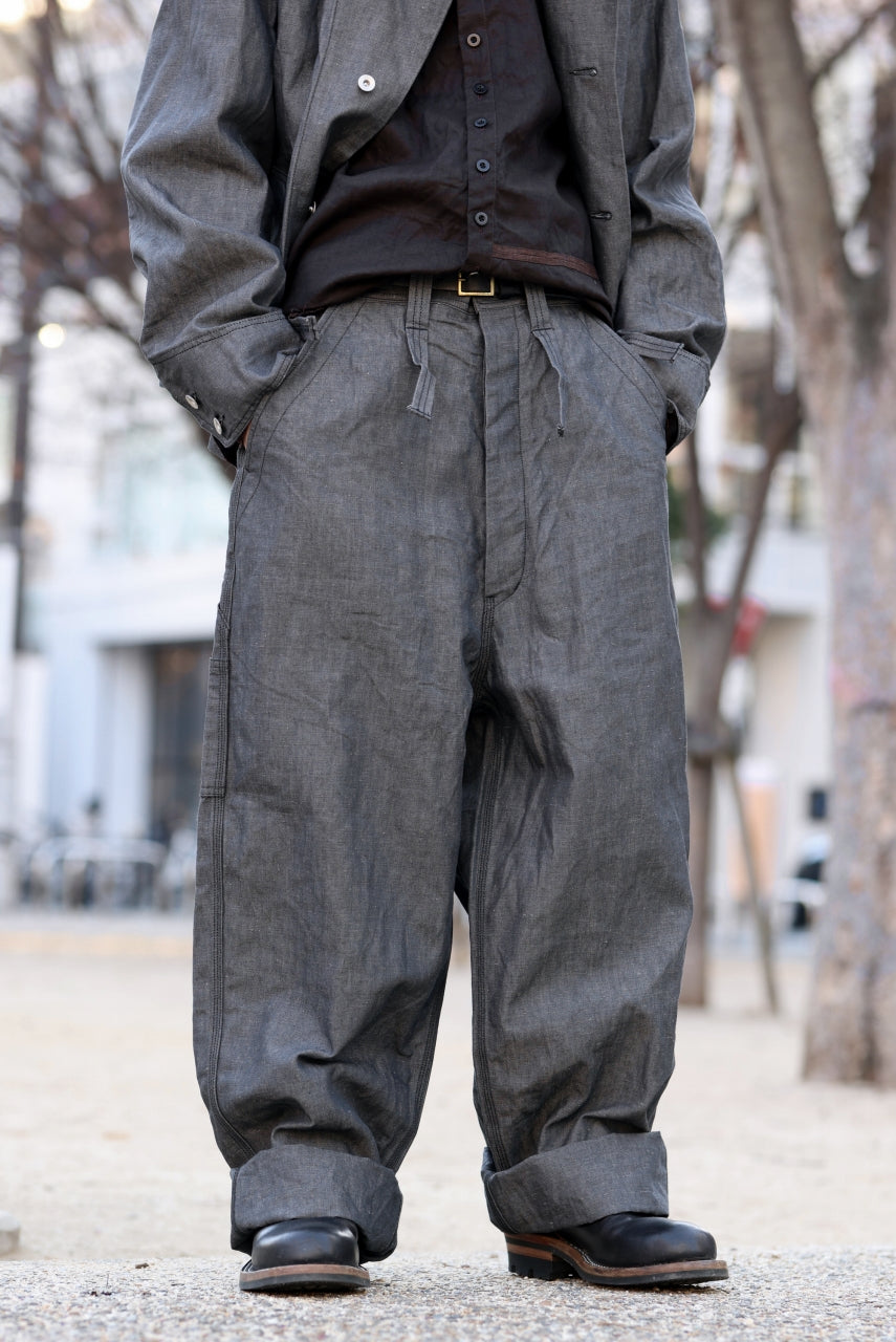 KLASICA "ROCKWELL" LOW CLOTCH APRON WORKER PANTS / 9.7oz COTTON x LINEN CHAMBRAY (GRAY DENIM)