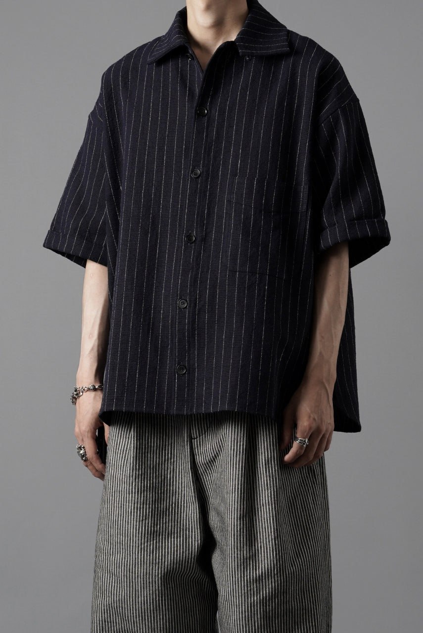 画像をギャラリービューアに読み込む, N/07 OPEN COLLAR H/S SHIRT / HEAVY C/LI BUTCHER STRIPES (BLACK NAVY)