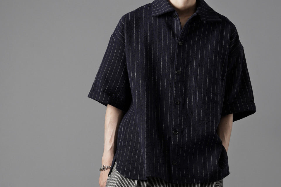 画像をギャラリービューアに読み込む, N/07 OPEN COLLAR H/S SHIRT / HEAVY C/LI BUTCHER STRIPES (BLACK NAVY)