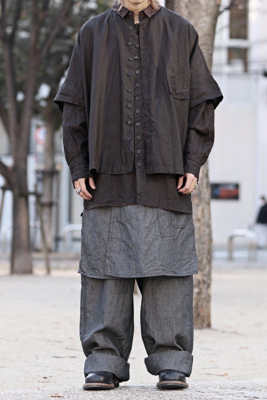 画像をギャラリービューアに読み込む, KLASICA &quot;SH-044&quot; SPLIT RAGLAN COLLAR LESS SHIRTS / BENGARA &amp; SUMI COATED LINEN (BENGARA)