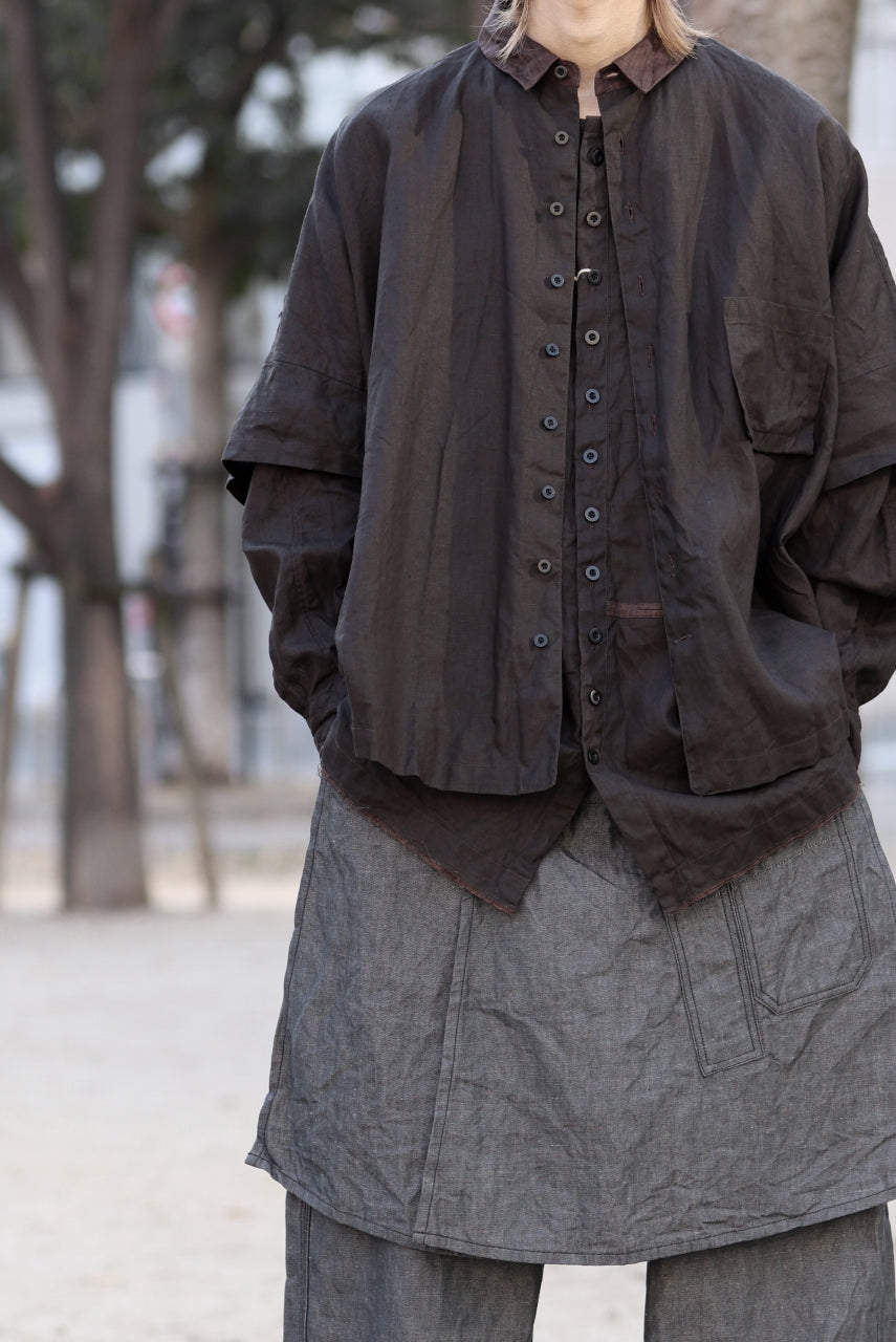 KLASICA "SH-044" SPLIT RAGLAN COLLAR LESS SHIRTS / BENGARA & SUMI COATED LINEN (BENGARA)