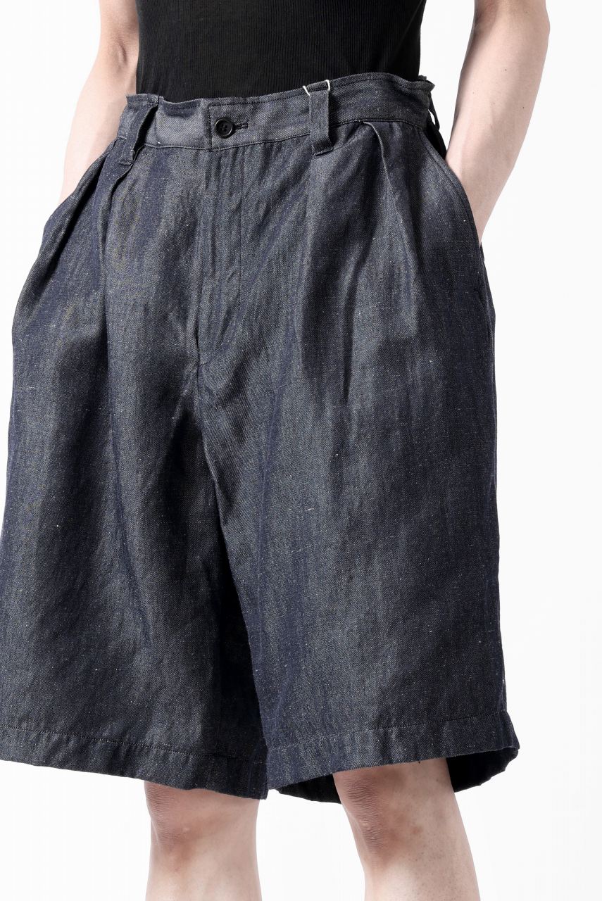 CAPERTICA 2-TUCK WIDE SHORTS / WASHABLE WOOL x LINEN GABARDINE (DARK NAVY)