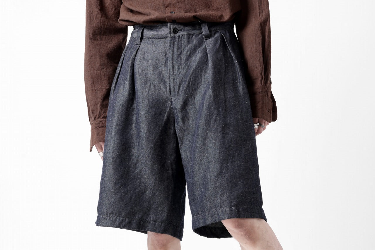 CAPERTICA 2-TUCK WIDE SHORTS / WASHABLE WOOL x LINEN GABARDINE (DARK NAVY)