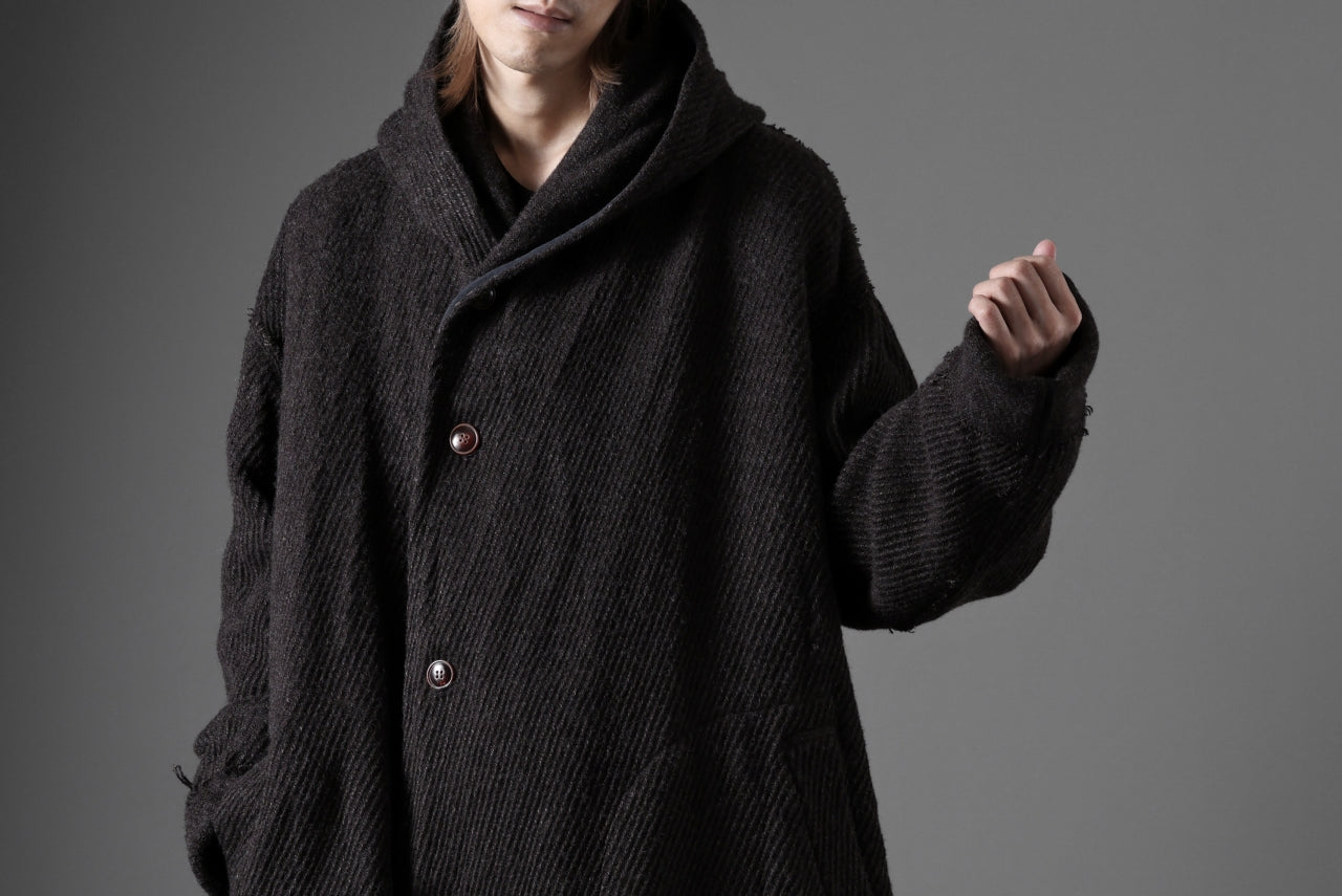 YUTA MATSUOKA hoodie gown coat / wool linen kersey (dark brown)