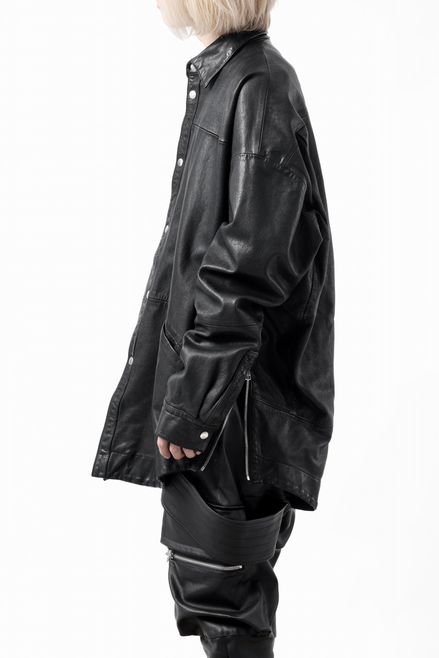 A.F ARTEFACT SNAPPED COCOON SHIRT-JACKET / SOFT GOAT LEATHER (BLACK)