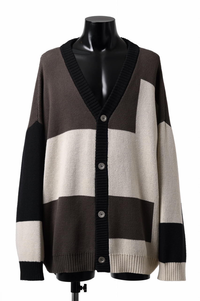 A.F ARTEFACT BLOCK-PANEL COTTON KNIT CARDIGAN /  (BLACK x GREY x BEIGE)