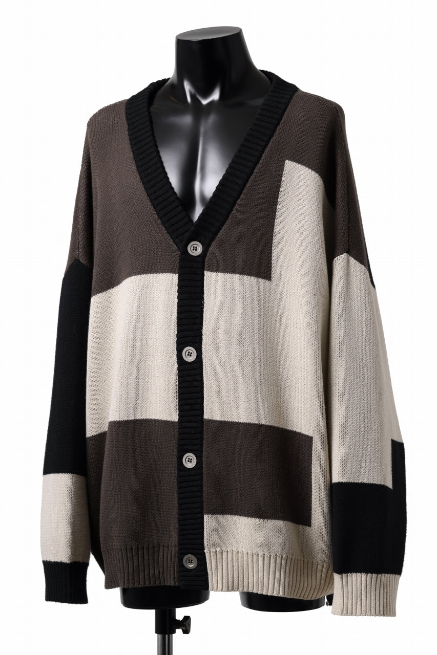 A.F ARTEFACT BLOCK-PANEL COTTON KNIT CARDIGAN /  (BLACK x GREY x BEIGE)