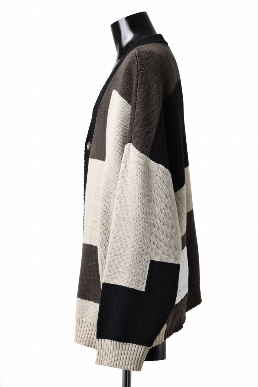 A.F ARTEFACT BLOCK-PANEL COTTON KNIT CARDIGAN /  (BLACK x GREY x BEIGE)