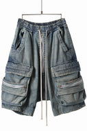 A.F ARTEFACT LOWCROTCH MILITARY WIDE SHORTS / FADED AGEING DENIM (BLUE)