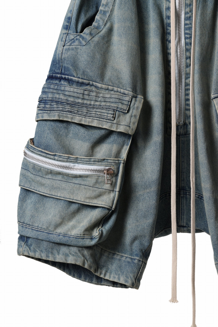 A.F ARTEFACT LOWCROTCH MILITARY WIDE SHORTS / FADED AGEING DENIM (BLUE)