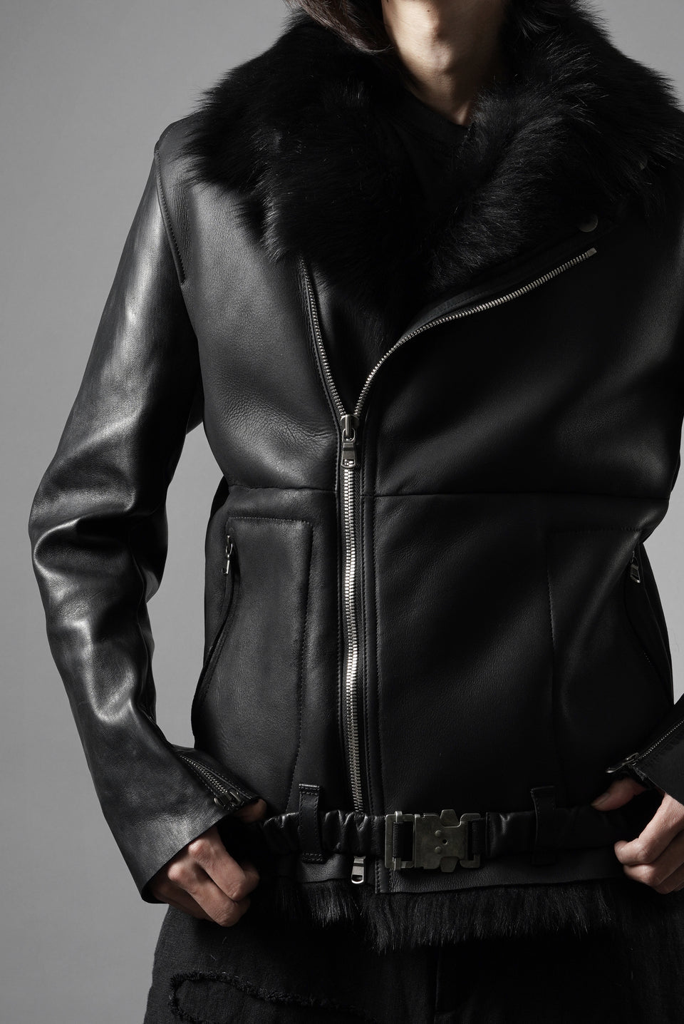 Load image into Gallery viewer, ierib exclusive Double Breasted Riders Jacket / Toscana Shearling Mouton + Horse Leather (BLACK)