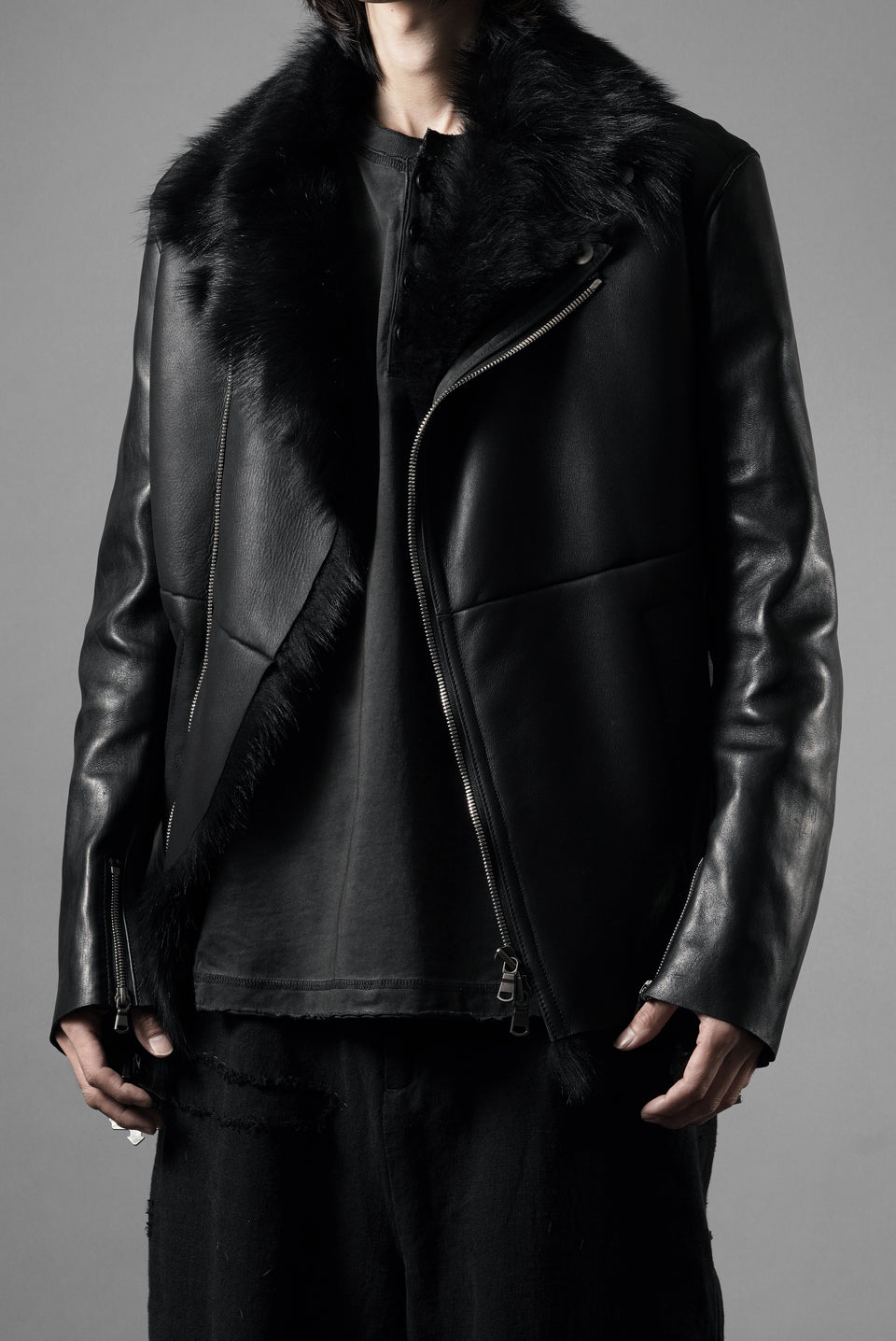 ierib exclusive Double Breasted Riders Jacket / Toscana Shearling Mouton + Horse Leather (BLACK)