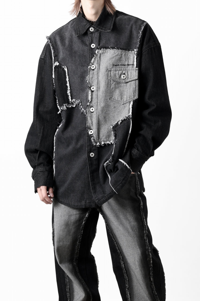 Feng Chen Wang RAW EDGE PATCHWORK DENIM SHIRT JACKET (BLACK)