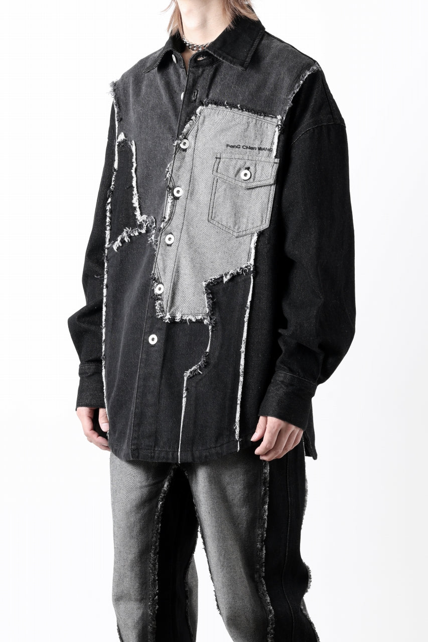 Feng Chen Wang RAW EDGE PATCHWORK DENIM SHIRT JACKET (BLACK)