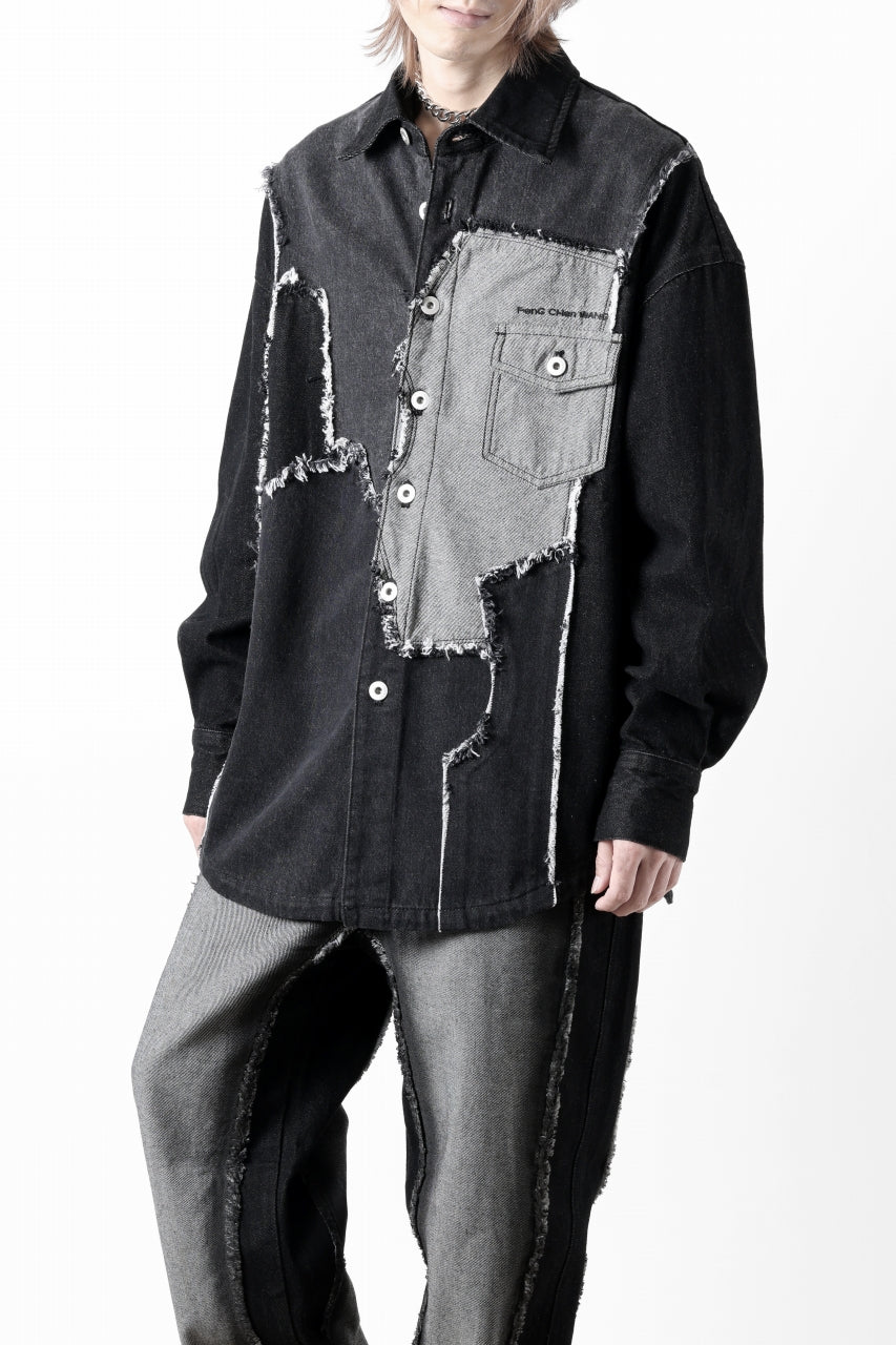 画像をギャラリービューアに読み込む, Feng Chen Wang RAW EDGE PATCHWORK DENIM SHIRT JACKET (BLACK)