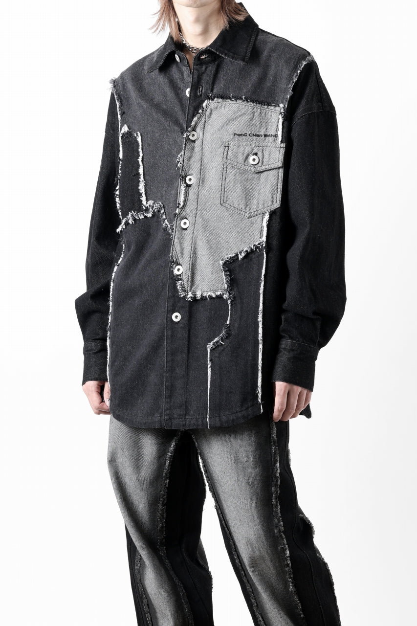 Feng Chen Wang RAW EDGE PATCHWORK DENIM SHIRT JACKET (BLACK)