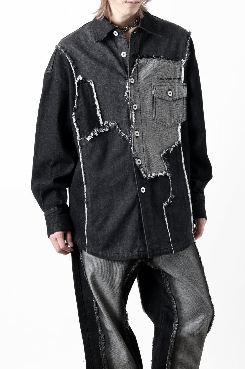 Feng Chen Wang RAW EDGE PATCHWORK DENIM SHIRT JACKET (BLACK)