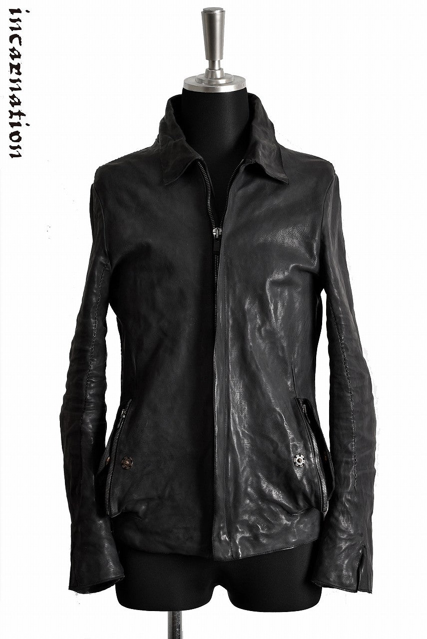 Load image into Gallery viewer, incarnation BABY CALF LEATHER &quot;OVER LOCKED&quot; SHIRT COLLAR ZIP UP BLOUSON JACKET (BLACK)