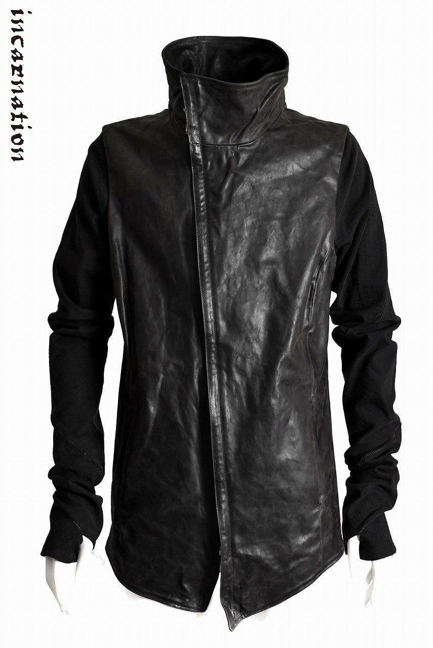 incarnation exclusive HORSE LEATHER "OVER LOCKED" BIAS ZIP WITH HEAVY JERSEY SPIRAL ARM BLOUSON (BLACK)