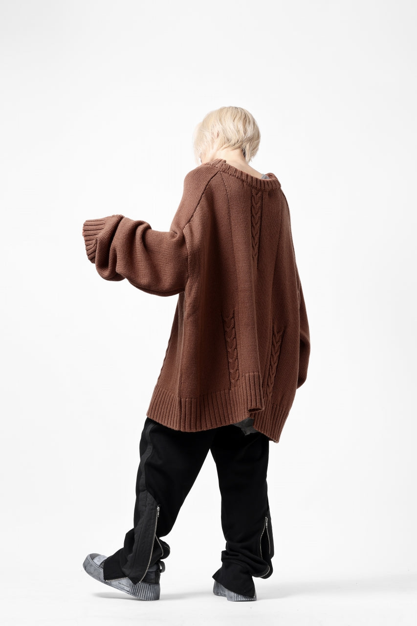 画像をギャラリービューアに読み込む, A.F ARTEFACT LOWGAUGE CABLE KNIT PULLOVER IRREGULAR-HEM (BROWN)