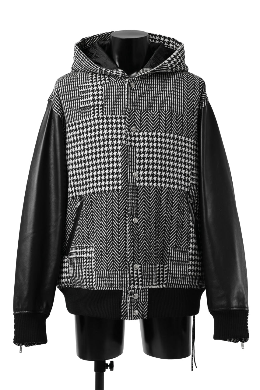 mastermind WORLD HOODED VARSITY JACKET / CASHMERE + LAMB LEATHER + PRIMALOFT (BLACK PLAID)