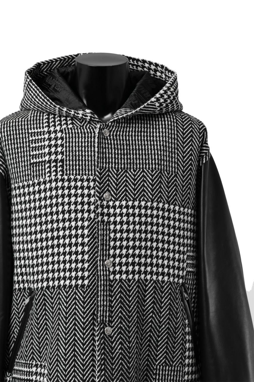 mastermind WORLD HOODED VARSITY JACKET / CASHMERE + LAMB LEATHER + PRIMALOFT (BLACK PLAID)