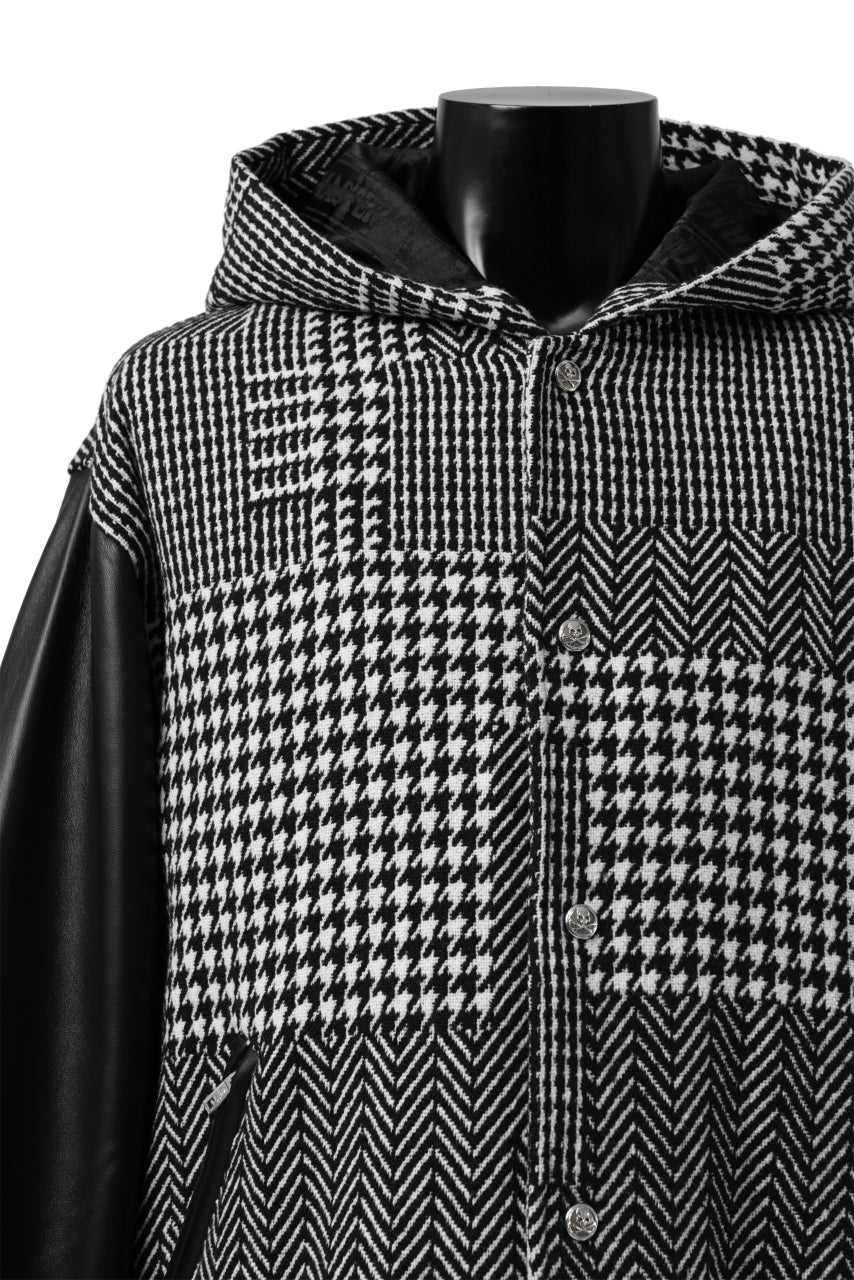 mastermind WORLD HOODED VARSITY JACKET / CASHMERE + LAMB LEATHER + PRIMALOFT (BLACK PLAID)