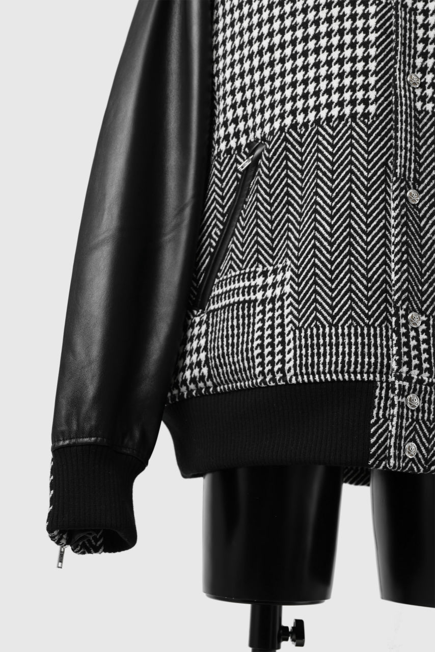 mastermind WORLD HOODED VARSITY JACKET / CASHMERE + LAMB LEATHER + PRIMALOFT (BLACK PLAID)