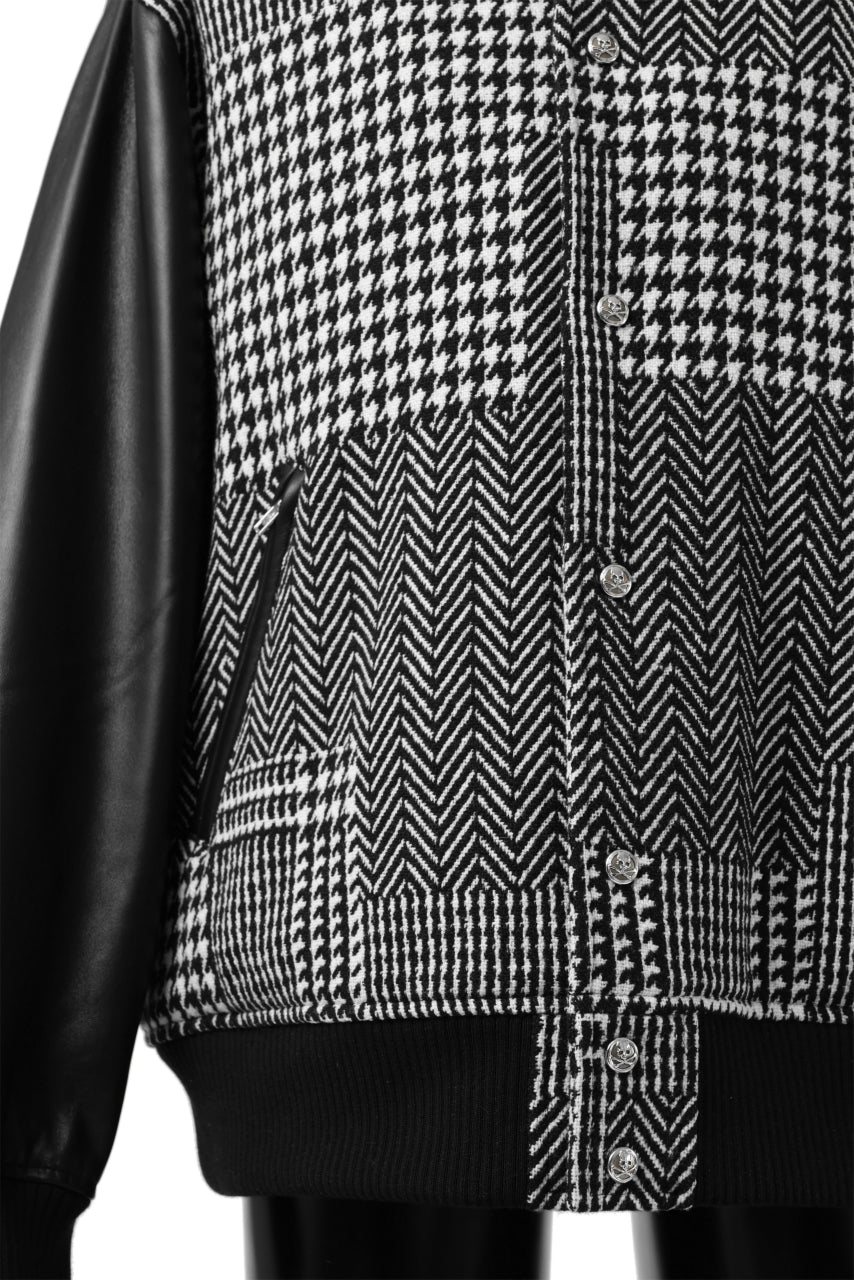 mastermind WORLD HOODED VARSITY JACKET / CASHMERE + LAMB LEATHER + PRIMALOFT (BLACK PLAID)