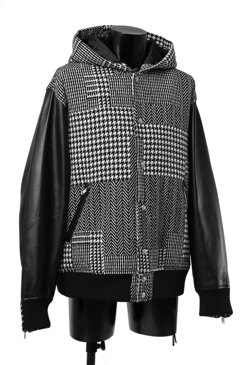 mastermind WORLD HOODED VARSITY JACKET / CASHMERE + LAMB LEATHER + PRIMALOFT (BLACK PLAID)