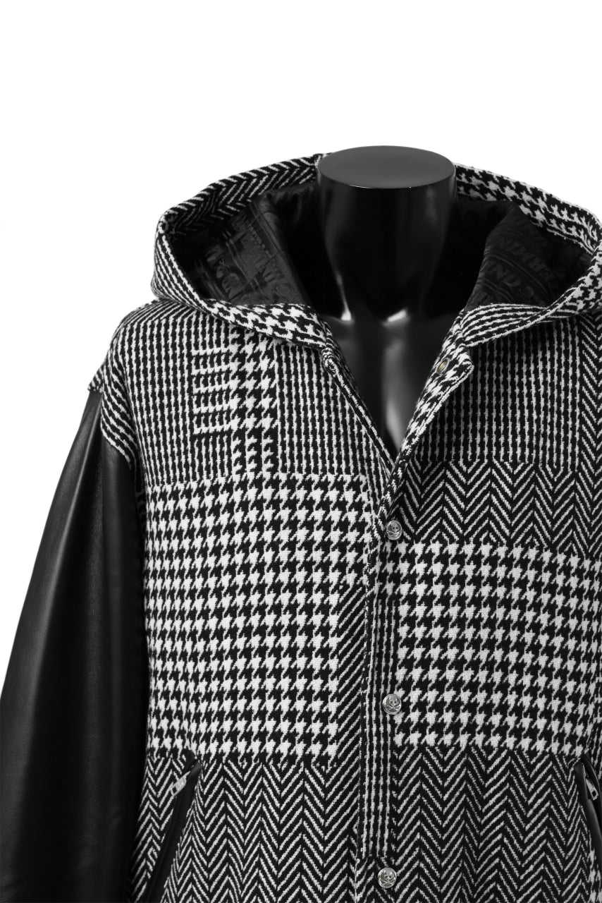 mastermind WORLD HOODED VARSITY JACKET / CASHMERE + LAMB LEATHER + PRIMALOFT (BLACK PLAID)