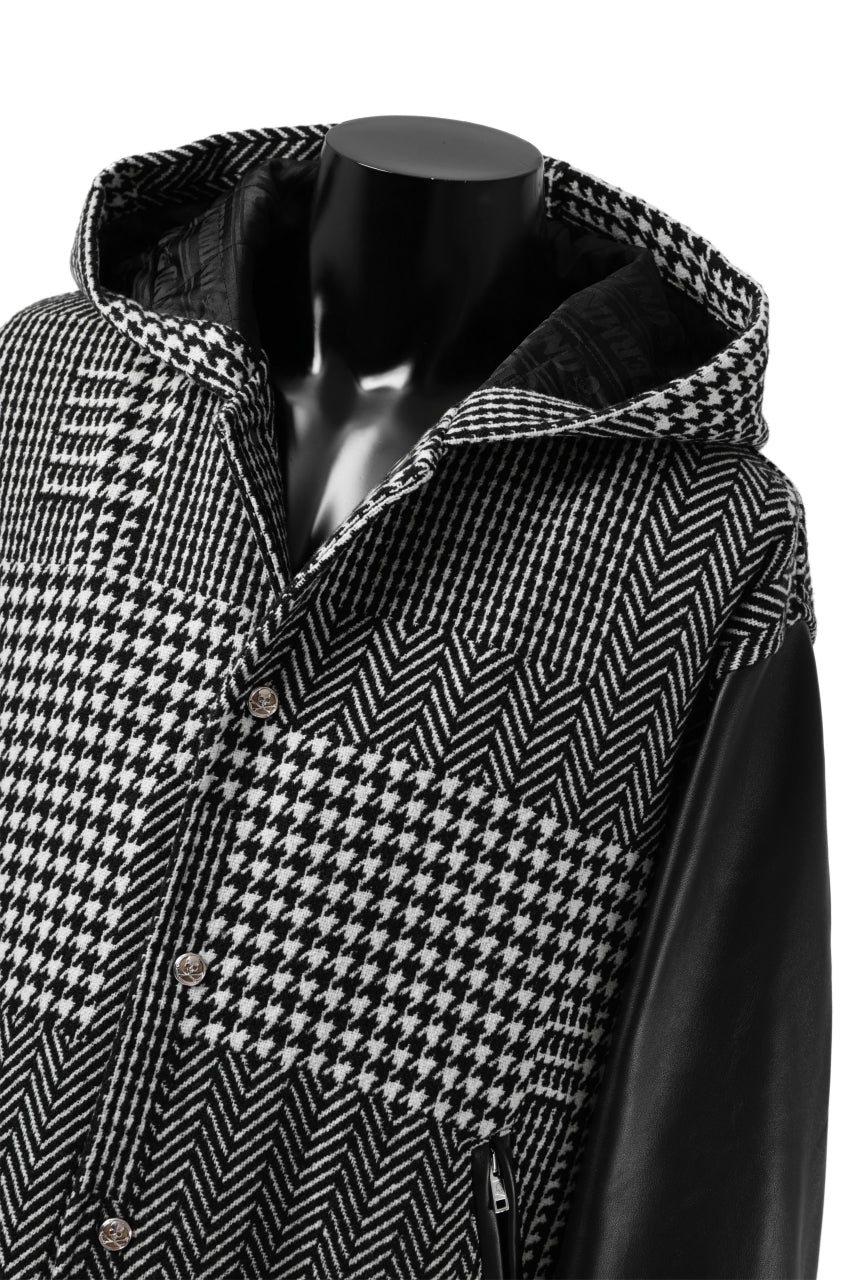 mastermind WORLD HOODED VARSITY JACKET / CASHMERE + LAMB LEATHER + PRIMALOFT (BLACK PLAID)