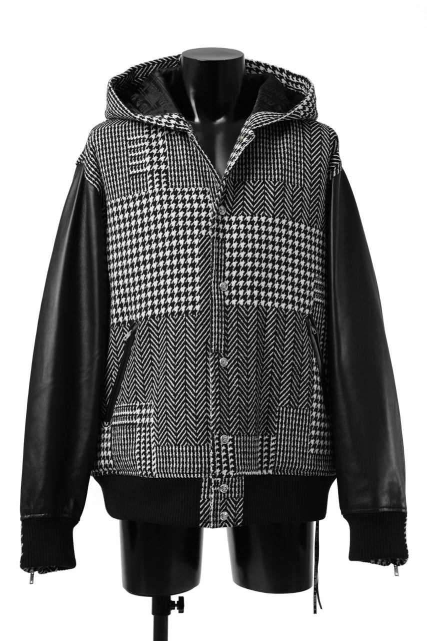 mastermind WORLD HOODED VARSITY JACKET / CASHMERE + LAMB LEATHER + PRIMALOFT (BLACK PLAID)