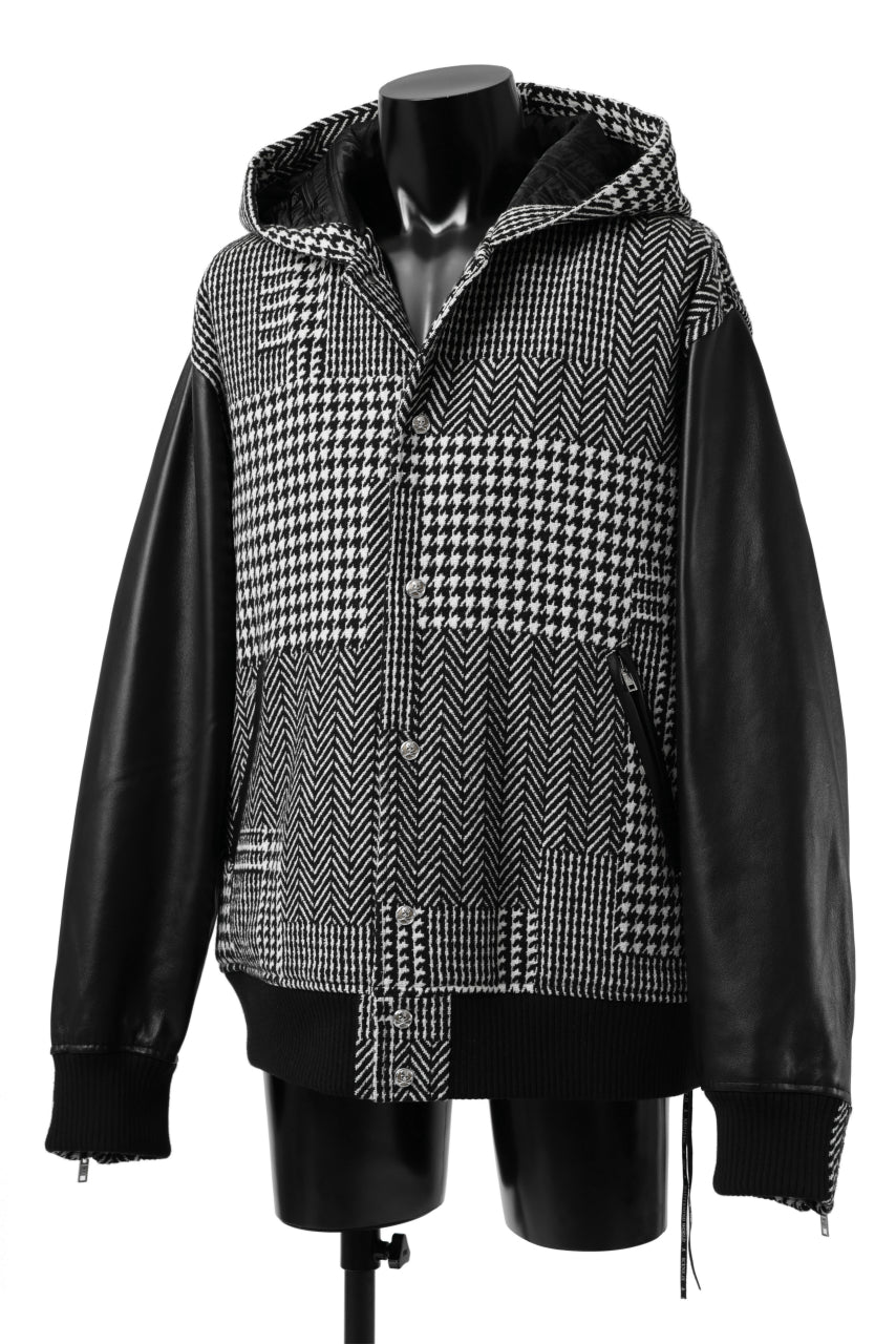 mastermind WORLD HOODED VARSITY JACKET / CASHMERE + LAMB LEATHER + PRIMALOFT (BLACK PLAID)