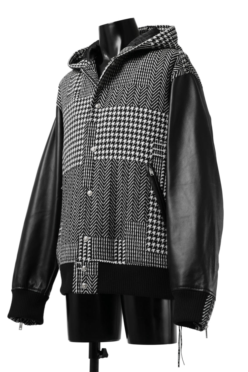 mastermind WORLD HOODED VARSITY JACKET / CASHMERE + LAMB LEATHER + PRIMALOFT (BLACK PLAID)