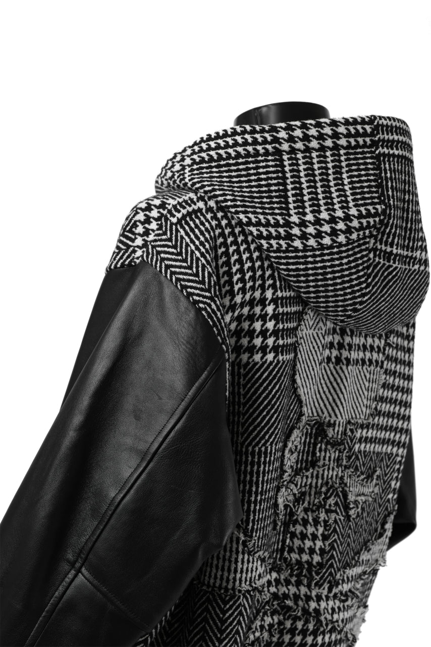 mastermind WORLD HOODED VARSITY JACKET / CASHMERE + LAMB LEATHER + PRIMALOFT (BLACK PLAID)