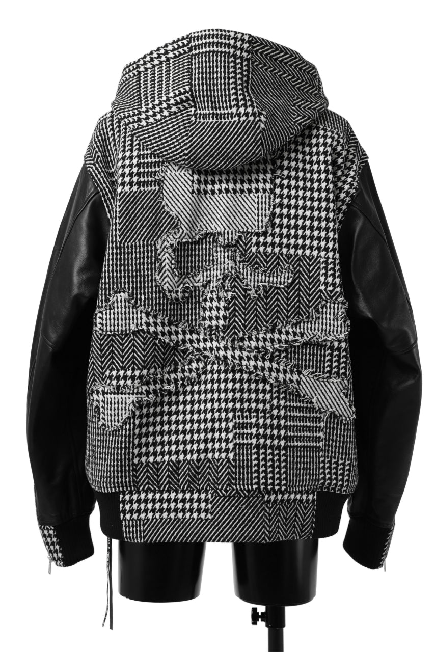 mastermind WORLD HOODED VARSITY JACKET / CASHMERE + LAMB LEATHER + PRIMALOFT (BLACK PLAID)