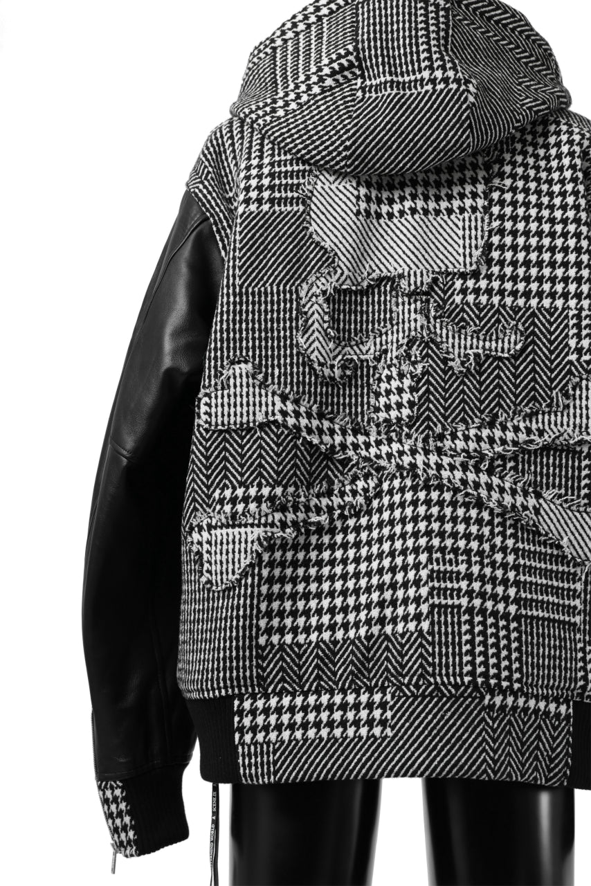 mastermind WORLD HOODED VARSITY JACKET / CASHMERE + LAMB LEATHER + PRIMALOFT (BLACK PLAID)