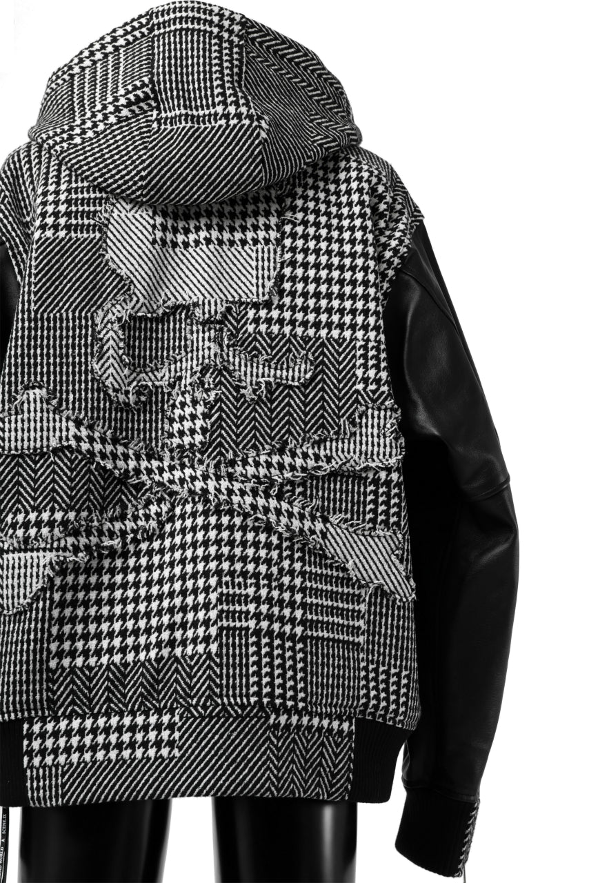 mastermind WORLD HOODED VARSITY JACKET / CASHMERE + LAMB LEATHER + PRIMALOFT (BLACK PLAID)