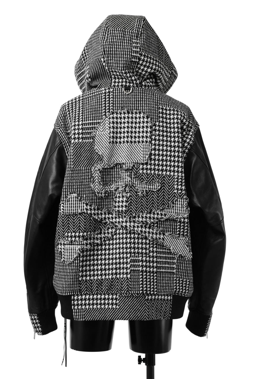 mastermind WORLD HOODED VARSITY JACKET / CASHMERE + LAMB LEATHER + PRIMALOFT (BLACK PLAID)