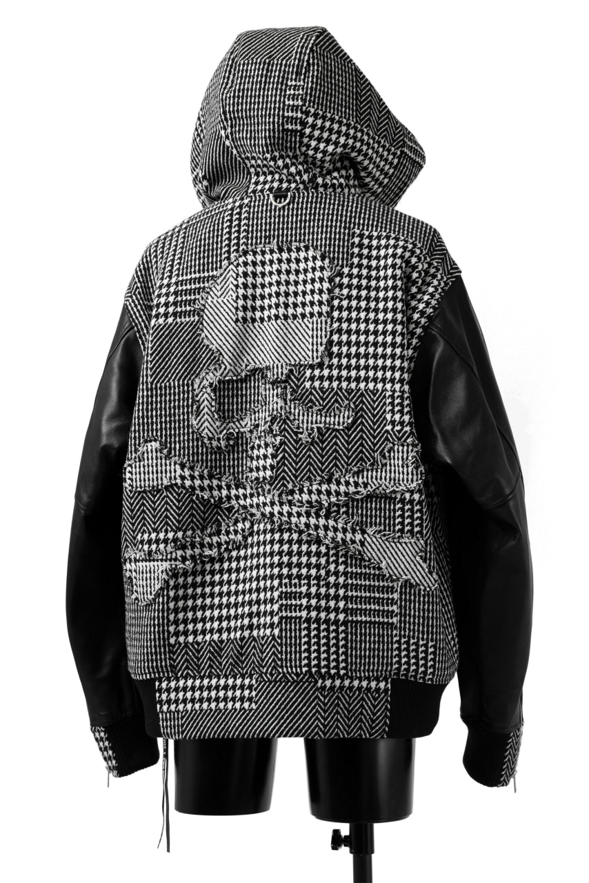 mastermind WORLD HOODED VARSITY JACKET / CASHMERE + LAMB LEATHER + PRIMALOFT (BLACK PLAID)