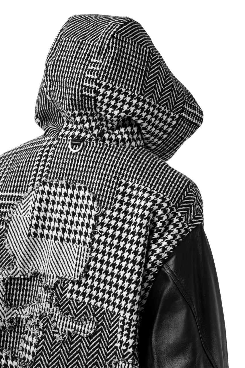 mastermind WORLD HOODED VARSITY JACKET / CASHMERE + LAMB LEATHER + PRIMALOFT (BLACK PLAID)