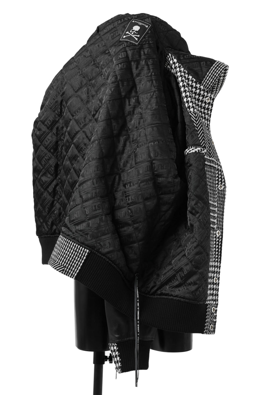 Load image into Gallery viewer, mastermind WORLD HOODED VARSITY JACKET / CASHMERE + LAMB LEATHER + PRIMALOFT (BLACK PLAID)