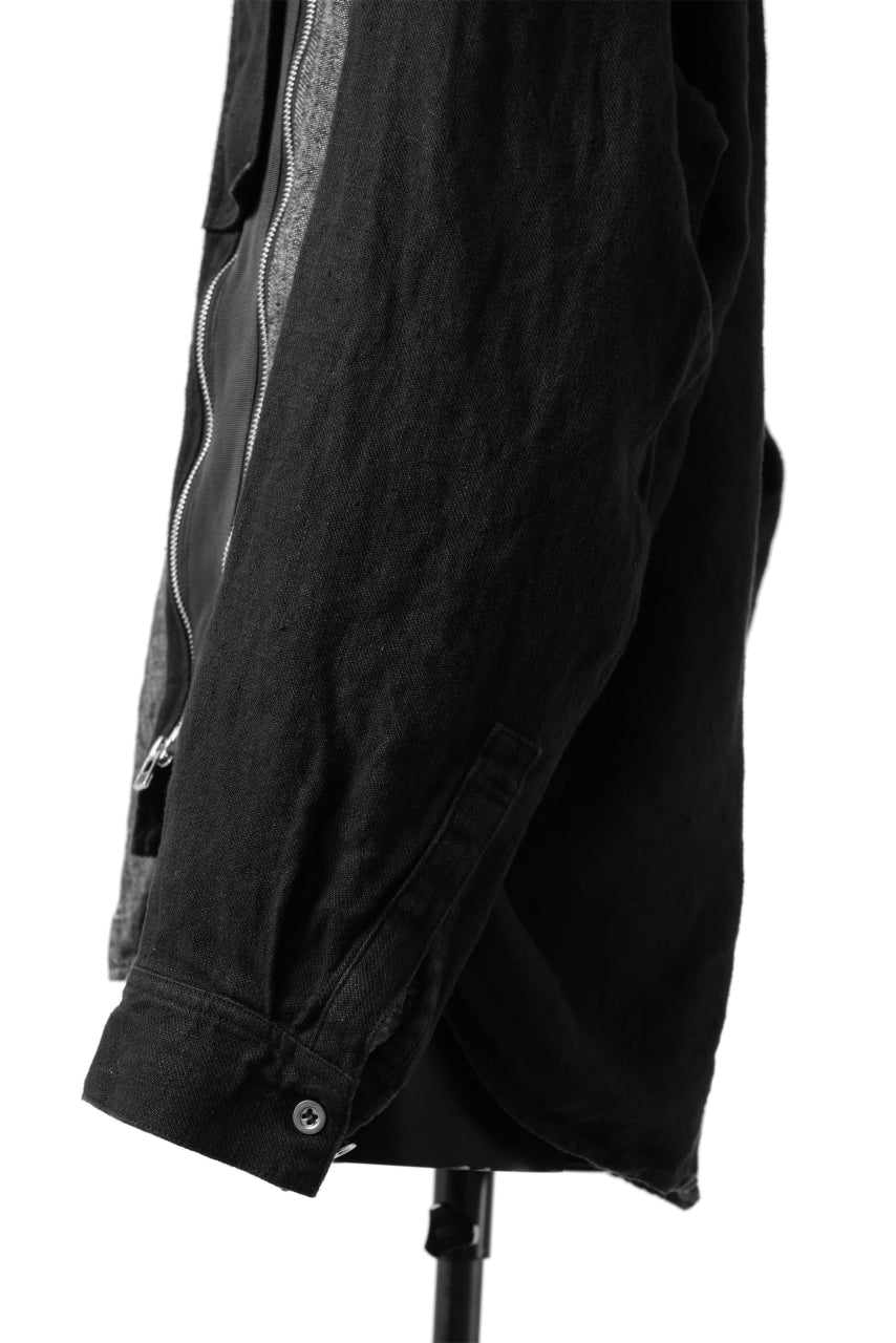 Load image into Gallery viewer, A.F ARTEFACT FRONT ZIP ASYMMETRY COCOON SHIRT / COMBI LINEN FABRIC (BLACK x MIX)