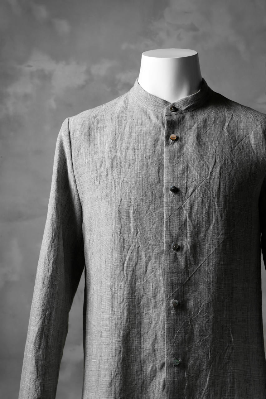 blackcrow band collar linen check shirt / sumi dyed (carbon)